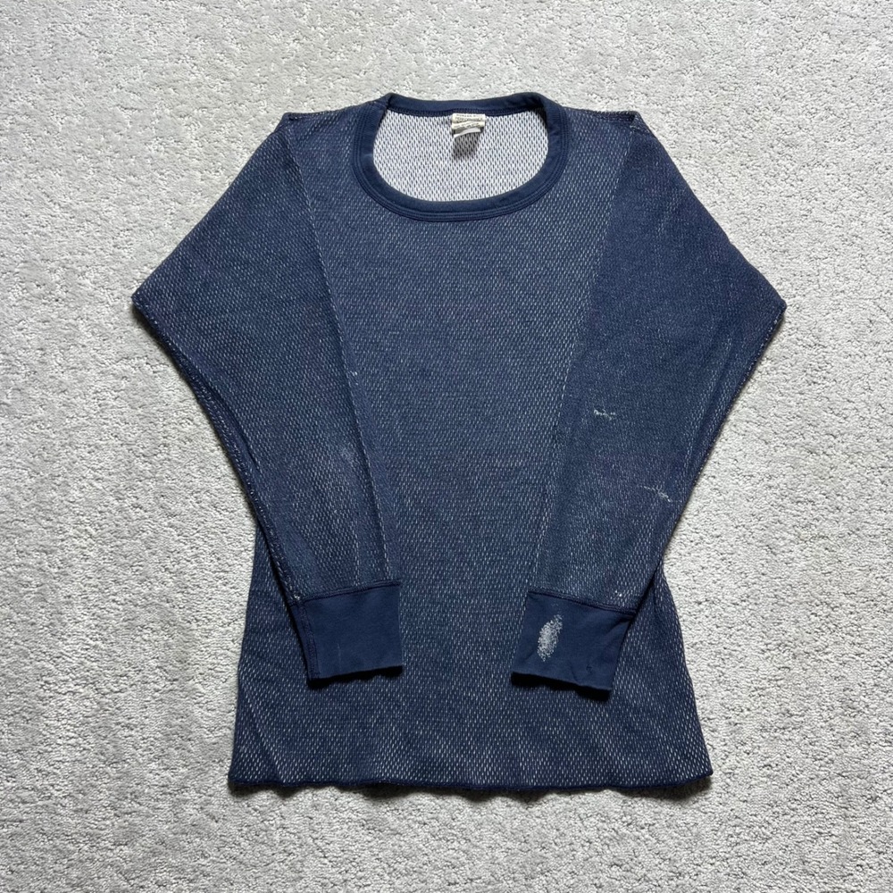 VINTAGE Morgan Mills Thermal Shirt Mens Medium Blue Waffle‎ Knit Distressed 80s